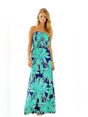 Lilly Pulitzer Strapless Marlisa Maxi Dress/Navy Tiger Palm Print-Size Small